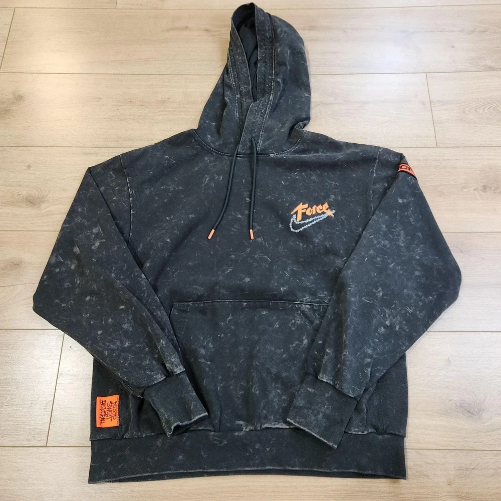 Nike Force Hoodie Sweatshirt Mens XL Black Acid Wash Dri-FIT Graphic Pullover